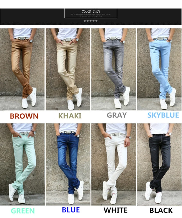 Новинка, брендовые модные обтягивающие джинсы для молодых мужчин, хлопковые Стрейчевые мужские узкие брюки, цвета хаки, небесно-голубой, черный, серый, белый