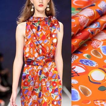 

108CM Wide 19MM Cut Print 93% Silk & 7% Spandex Stretch Orange Silk Satin Fabric for Summer Dress Cheongsam Pants B150
