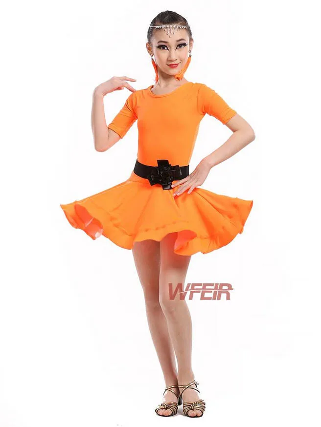 Kids Summer Spandex Short Sleeved Latin Dance Dress Tutu Skirt Samba