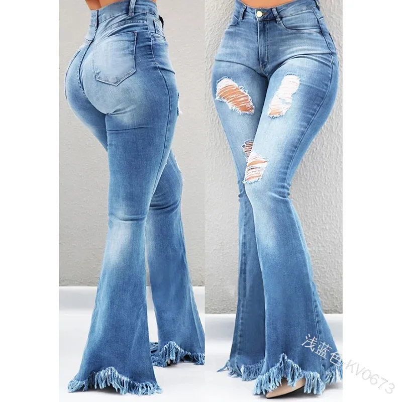 Fashion Loose High Waist Women Wide Leg Jeans Office Lady Solid Denim Jeans Bleached Ripped Pants