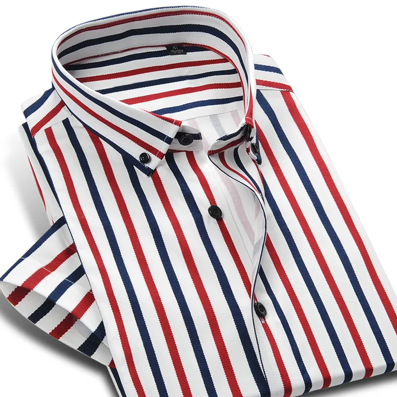 Colorful Stripe Short Sleeve Shirts Summer Hot Men Dress Shirt Button Down Male Business Casual Social Clothing Slim Fit 4