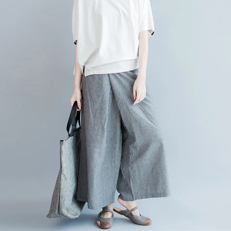 

Johnature 2019 Summer New Plus Size Casual Striped Wide Leg Pants Loose Simple Joker Women Patchwork Ankle-length Pants