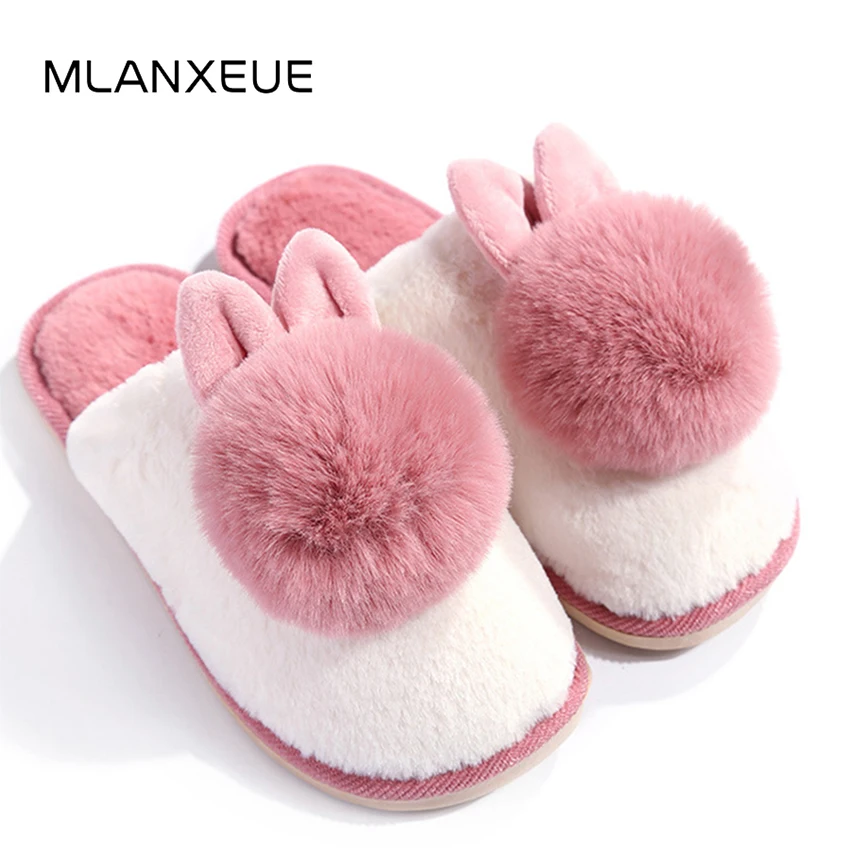 

Kawaii Hairball Plush Women Cotton Slippers Cartoon Rabbit Shoes Woman Cute Home Slippers Animal Prints Slippers Shoes Winter