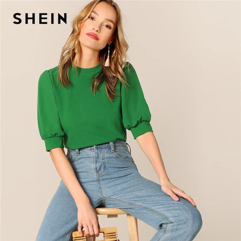 SHEIN Ladies Casual Green Puff Sleeve Keyhole Back Solid Top And Blouse Women 2019 Summer Workwear Half Sleeve Elegant Blouses|Blouses & Shirts| - AliExpress