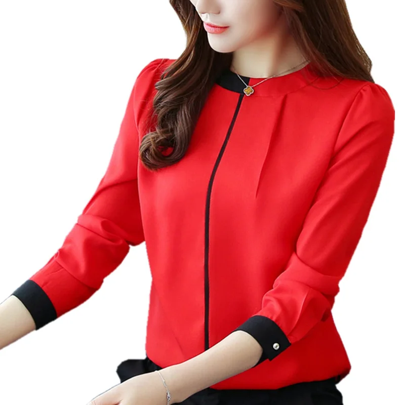 

2019 Womens Red Blouses Fashion Autumn Winter Chiffon Shirts OL Long Sleeve Female Blusas Office Ladies Tops White Blouse Shirt