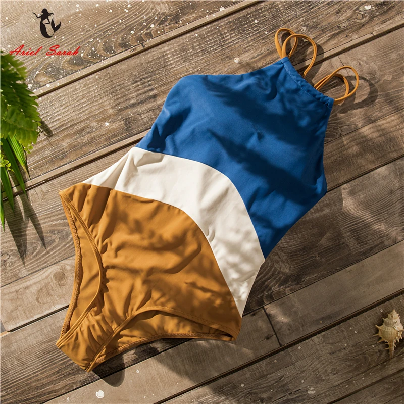 

Ariel Sarah 2019 Patchwork One Piece Swimsuit Swimwear High Neck Bodysuit Bathing Suit Women Piece Swimwear Beach Wear Monokini