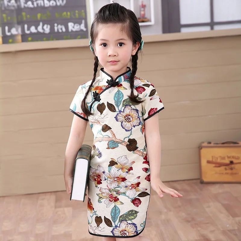 Китайское платье для маленьких девочек одежда Ципао летнее стильное детское хлопковое традиционное платье с короткими рукавами Вечерние новогодние платья для детей - Цвет: 09