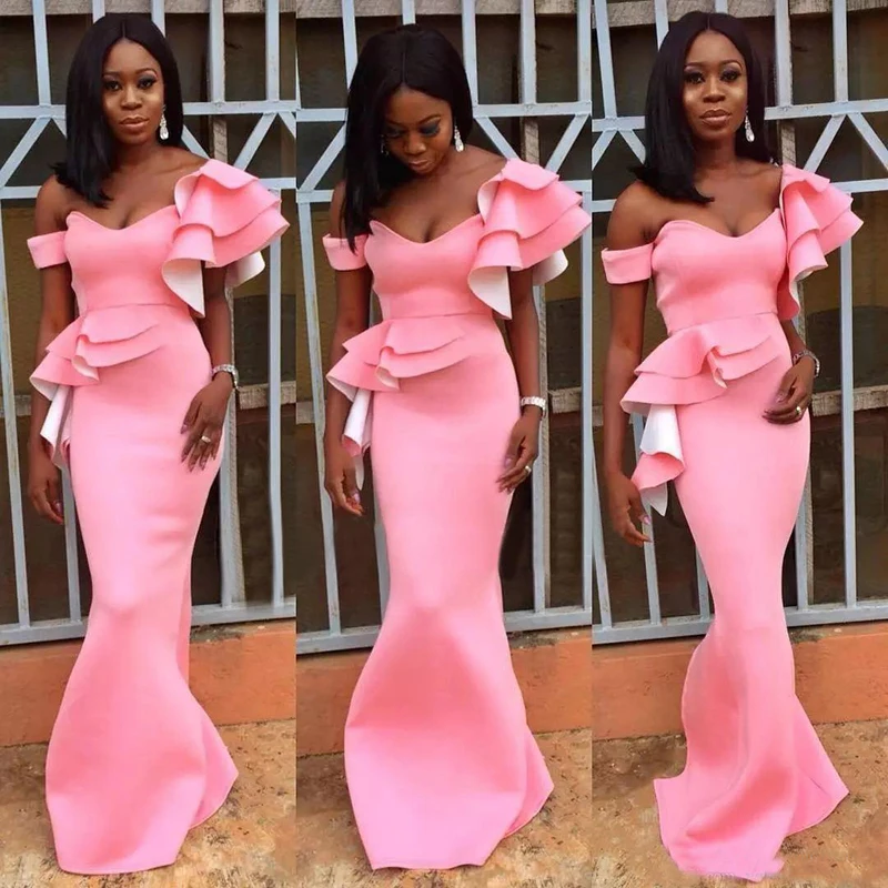 Elegant 2018 Pink Evening Dresses Off Shoulder Mermaid Prom Gowns Back Zipper Peplum Floor-Length Custom Made Vestidos De Noiva129