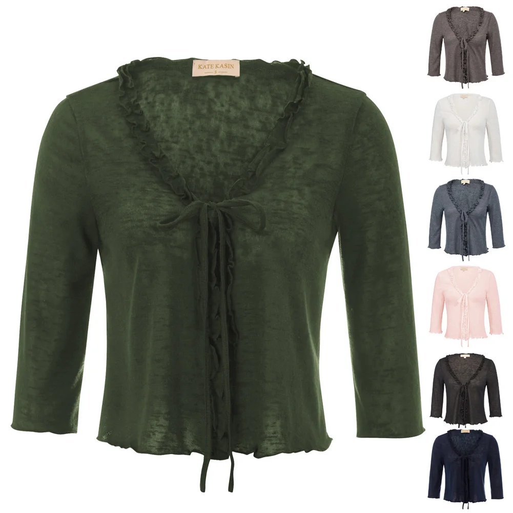 Весеннее короткое пальто для женщин открытое стежок рукав 3/4 v образный вырез