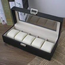 5-слот Структура дерева Искусственная кожа часы коробка для хранения витрины Ювелирная Шкатулка прозрачная стеклянная верхняя крышка Черный 1251a