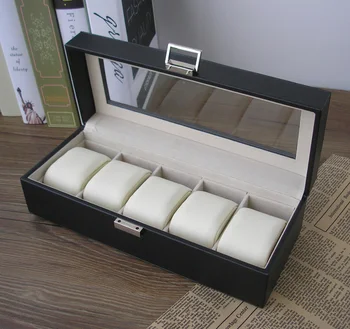 

5-slot wood structure PU leather watch storage box display case jewelry box transparent glass top lid black 1251A