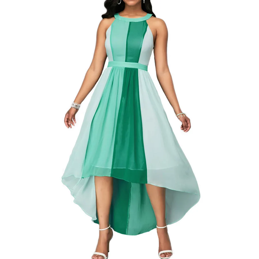

Summer Women's Chiffon Dresses Contrast Colors Patchwork Plus Size S-4XL 5XL High Waist Irregular Length Dress Femme Party Dress