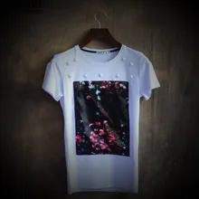 2014 rivet the trend of silk rose print slim o-neck plus size T-shirt male short-sleeve 2014 rivet the trend of silk rose print slim o-neck plus size T-shirt male short-sleeve