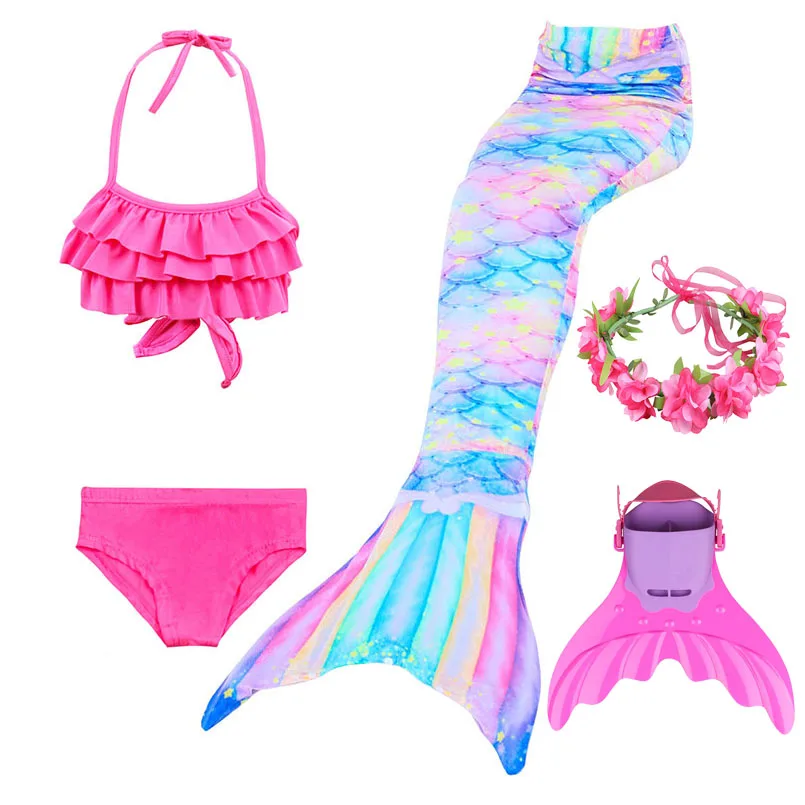 

5PCS Kids Mermaid Tails Swimwear with Monofin Rainbow Mermaid Swimming Tail Girls Summer Beach Wear Swimsuits Cosplay Costumes