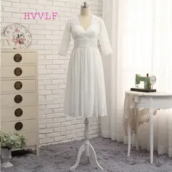 Vestido De Noiva 2019 Короткие свадебные платья трапециевидной формы 3/4 рукава чай Длина шифон кружево Винтаж свадебное платье свадебные платья