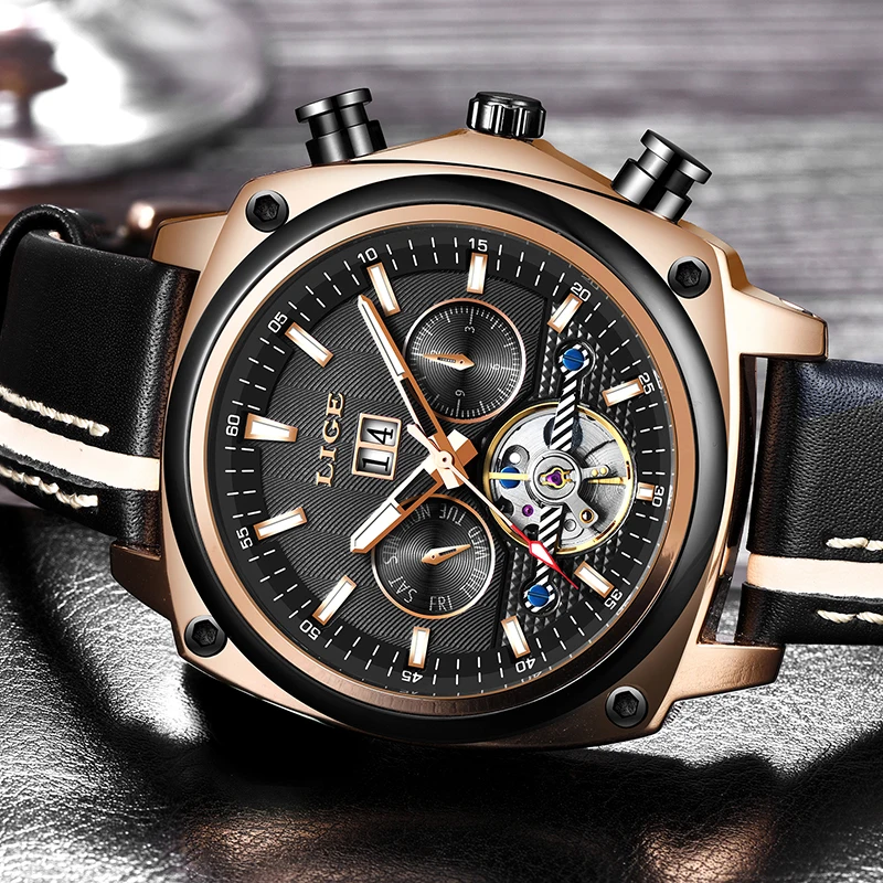 

LIGE Automatic Watch Top Brand Luxury Mechancial Watch Male Leather Waterproof Sport Men Watch Business Wristwatch Reloj Hombre