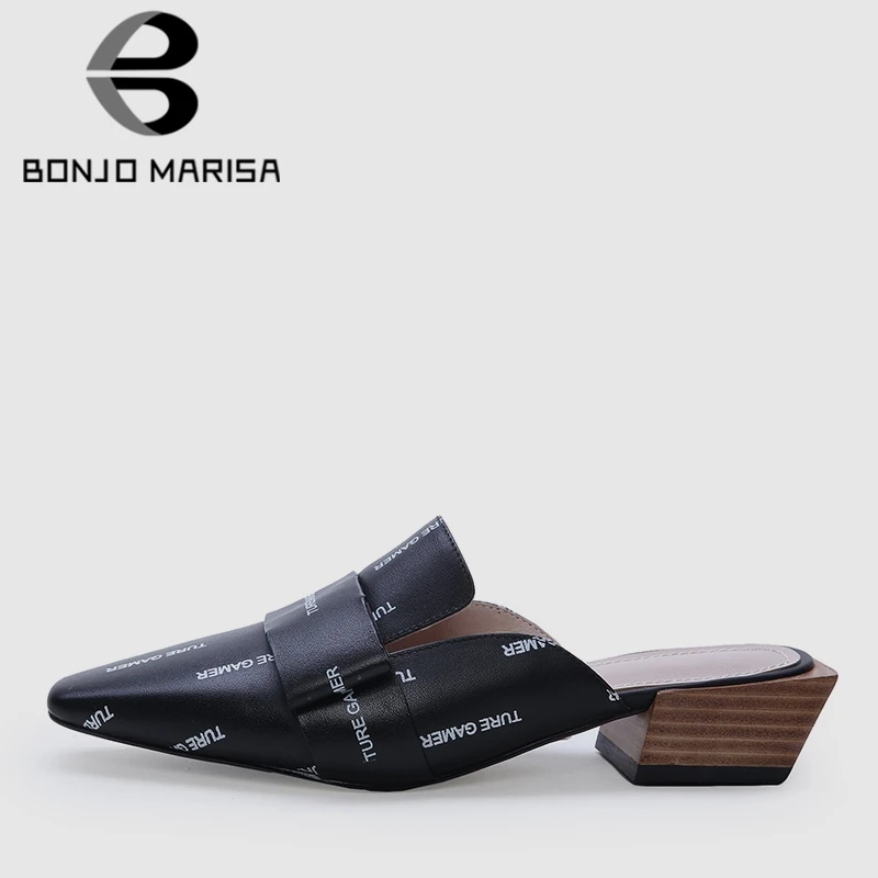 

BONJOMARISA Brand New Genuine Leather Square Med Heels Top Quality Shoes Woman Casual Party Office Lady Spring Summer Mules