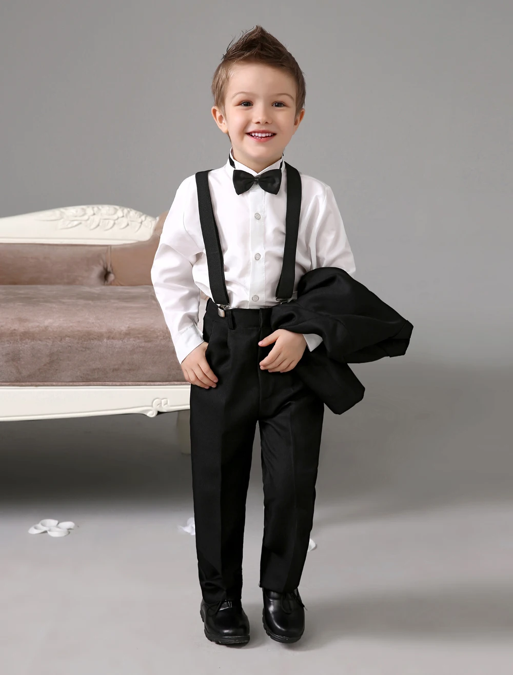 Four Pieces Luxurious formal black boys suits Ring Bearer Suits kids Tuxedo With Black Bow Tie