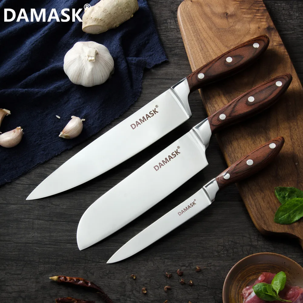 

DAMASK Knives Sets 7Cr17 Steel Chef Knife Japanese Utility Santoku Knives 3pcs Kitchen Knife Set Color Wood Handle Cooking Tool