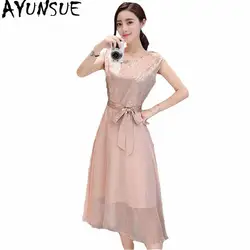AYUNSUE Лето 2019 элегантное шифоновое платье для женщин с круглым вырезом в стиле пэчворк с коротким рукавом винтажные Вечерние Платья