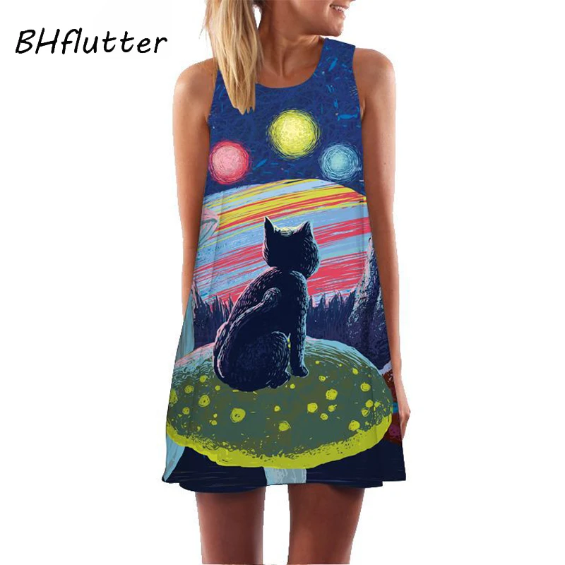 

BHflutter Summer Dress 2019 New Style Cat Print Casual Chiffon Dress Sundress Prairie Chic Style Cute Mini Dresses robe femme