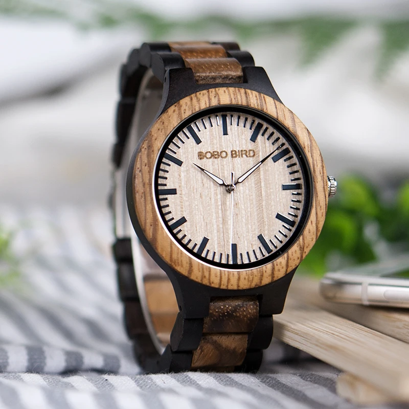 BOBO BIRD WN28 Mens Wood Watch Zabra Wooden Quartz Watches for Men Japan miyota 2035 Watch in Gift Box with tool for adjust size