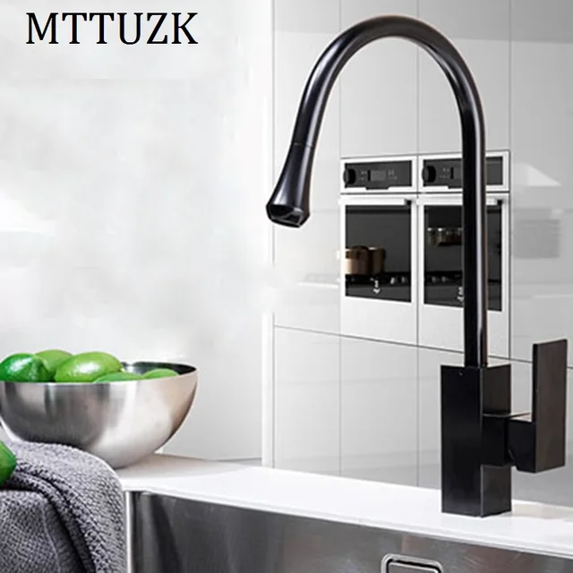 Best Offers Black Kitchen Faucet Square faucet Kitchen Hot Cold Water Mixer Tap Space aluminum Drop-shaped nozzle basin faucet