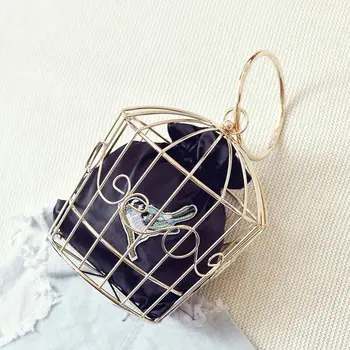 

New style personality bird cage metal modeling embroidery satin bag party ladies handbag totes fashion purse 3 colors