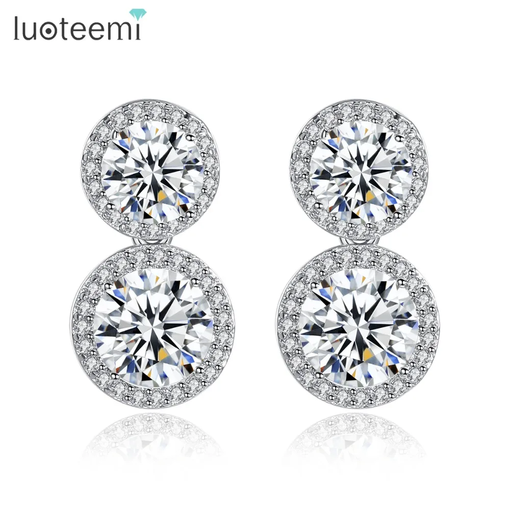 

LUOTEEMI Fashion Korea Sparkling Cubic Zirconia Double Round Cute Earrings for Party Dress Fashion CZ Crystal Jewerly Present