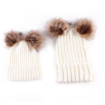

2 PCS Black Autumn Newborn Baby Girls Boys Winter Warm Soft Wool Fur Pompom Ball Kids Knitted Hats Hot Family Matching Hat S2