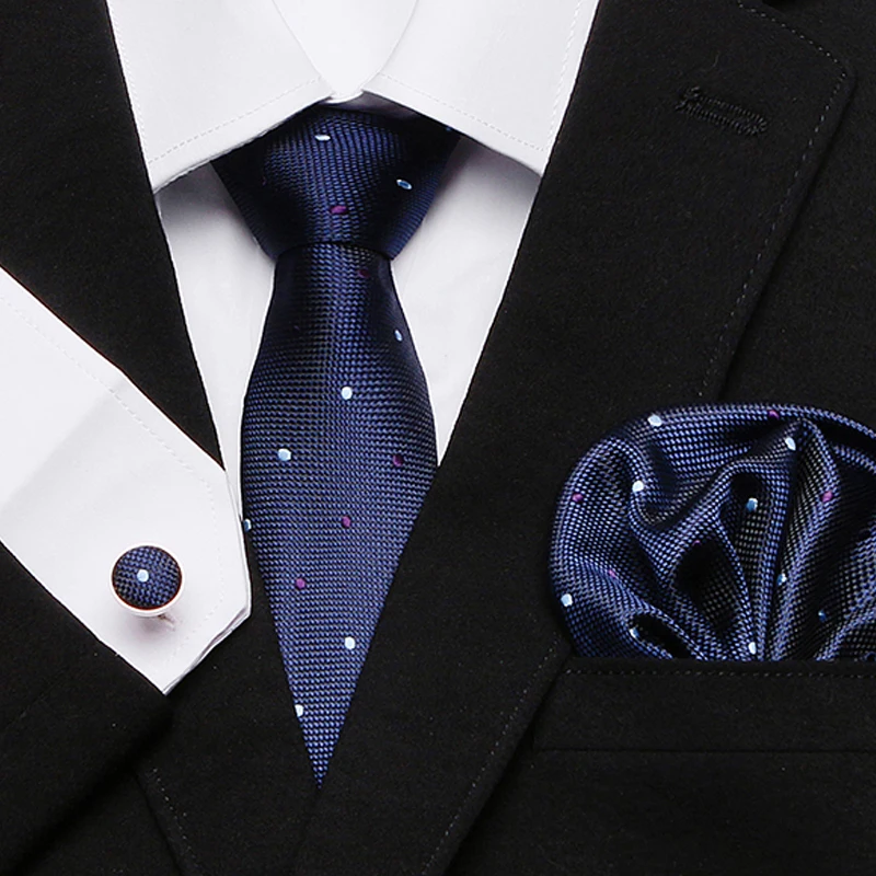 

New Formal Men's Dark Blue Plaid dot Tie Silk Tie Banquet Wedding Business Tie Hanky Cufflinks Set Silk Jacquard Neck tie suit