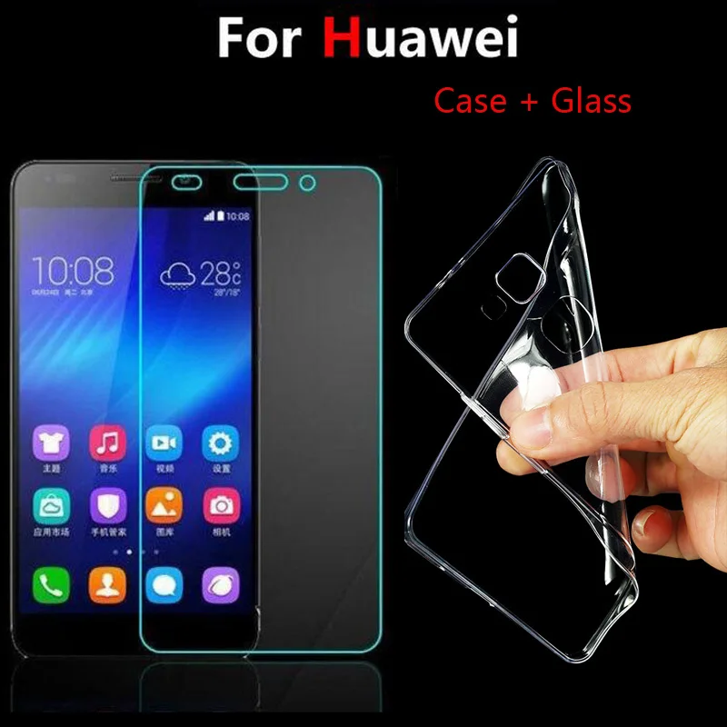 

Protective TPU Clear Soft Case Cover For Huawei P7 P8 P9 P10 Lite 2017 Honor 4C 4X 5C 5X 6C 6A 6X Nova Plus +9H Tempered Glass