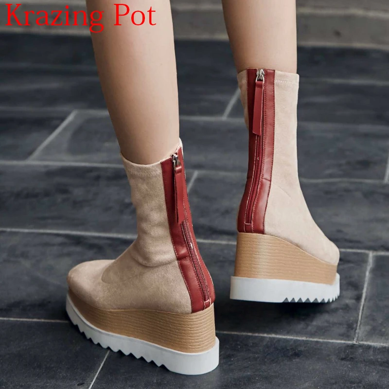 

2019 New Arrival Flock Platform Increased Stretch Boots Leisure Casual Shoes Vintage Superstar Winter Women Mid-calf Boots L92