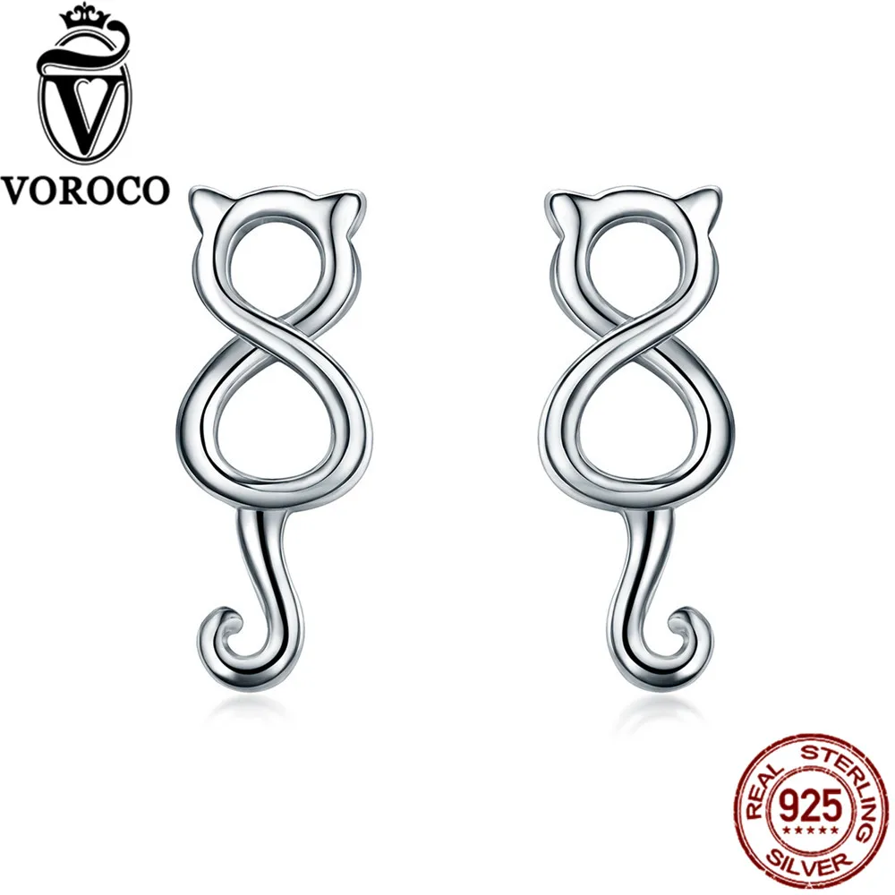 

VOROCO Female Trendy Jewelry 100% 925 Sterling Silver Cute Cat Stud Earrings For Women Tiny Kitty Earring Festival Gift VSE068