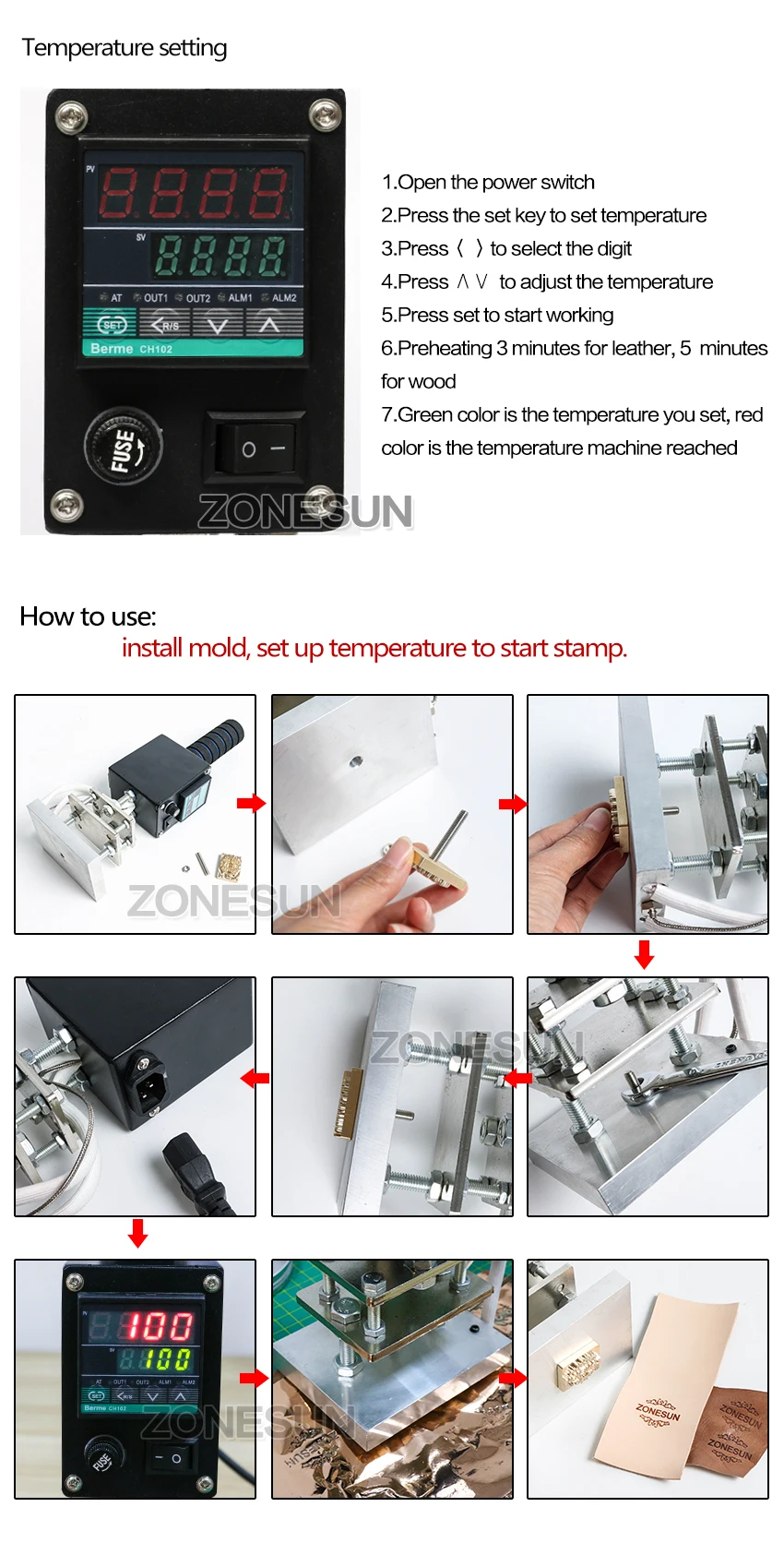 ZONESUN 500 Вт Цифровой Электрический брендовый Утюг для кожи и дерева-Регулируемая температура