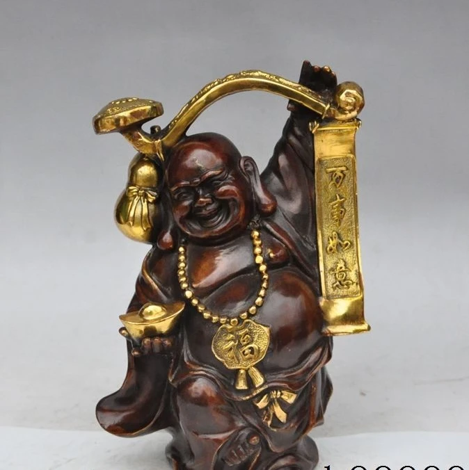 

12"china bronze gilt wealth ruyi yuanbao gourd Maitreya Buddha lucky rich statue