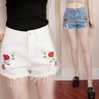 

2020 Summer Women's Jeans Slim Wild Versatile Embroidery Flowers High Waist Button Worn Raw Denim Shorts Size S-XL