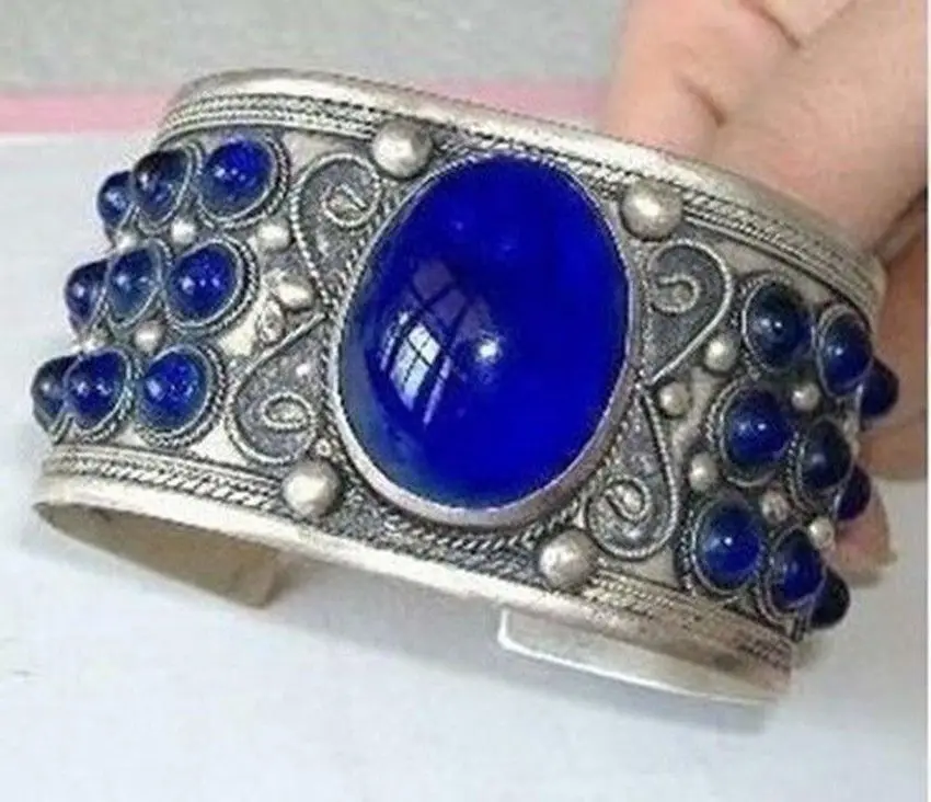 

Excellent old tibet silver carved Tibetan luck blue jade men's cuff bracelet 28% 10.13