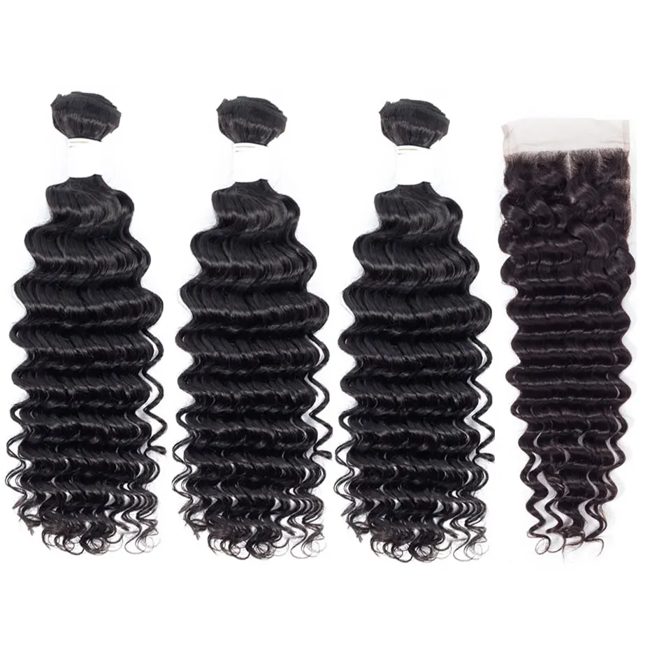 Clover Leaf 100% перуанский Реми натуральные волосы 3bundles с закрытием кружева 4X4 глубокая волна натуральный черный предварительно накладка из