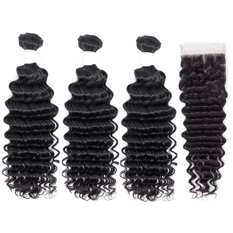 

Clover Leaf 100% Peruvian remy human hair 3 bundles with lace closure 4X4 Deep wave Natural black pre-plucked hair extensions