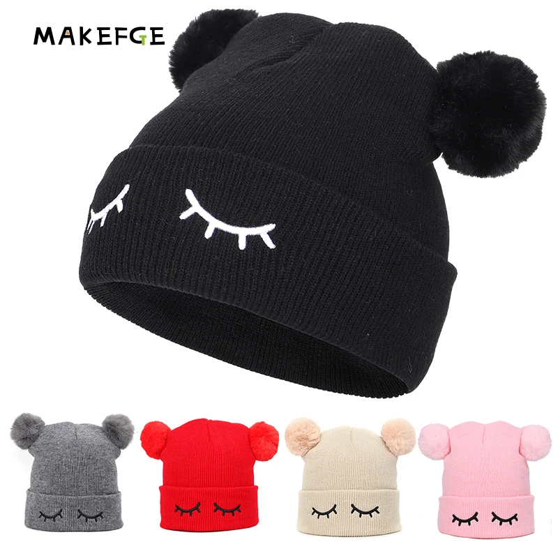 

Winter Keep Warm Hat Double Fur Ball Crochet Knit Hat Children Kids Beanie Cap Toddler Girls Boys Winter Hats Baby Infant
