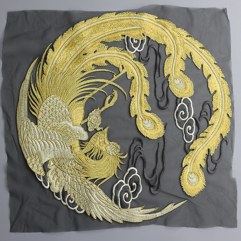 Chinese style round gold Phoenix mesh embroidery lace patches Applique for DIY dress 31cm