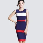 Save 0.77 on Women Sheath Patchwork Striped Elegant O-Neck Dark Blue Summer Dress Sleeveless Formal Bodycon Knee-Length Office Dress B275