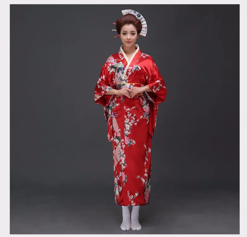 Винтажные Вечерние платья женские сексуальные атласные кимоно юката с Obi танцевальное платье для выступлений японский косплей костюм один размер - Цвет: Красный