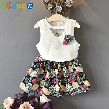 

Sodawn Kid Clothes Girls Sets Clothing 2020 Summer New Sleeveless Flower T-Shirt + Leaves Cotton Skirt Girl Set Children Clothes
