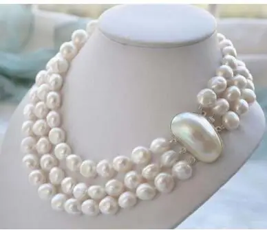 

925 silver real genuine natural 8-9mm 3ROW BAROQUE WHITE FRESHWATER PEARL NECKLACE women jewelry design wholesale
