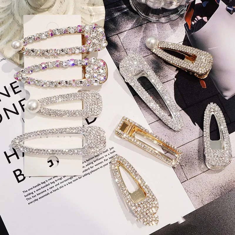 

SexeMara Korea Crystal Rhinestones Hairpins Geometric Rectangle Waterdrop Imitiation Pearl Hair Clips for Girls Hair Accessories