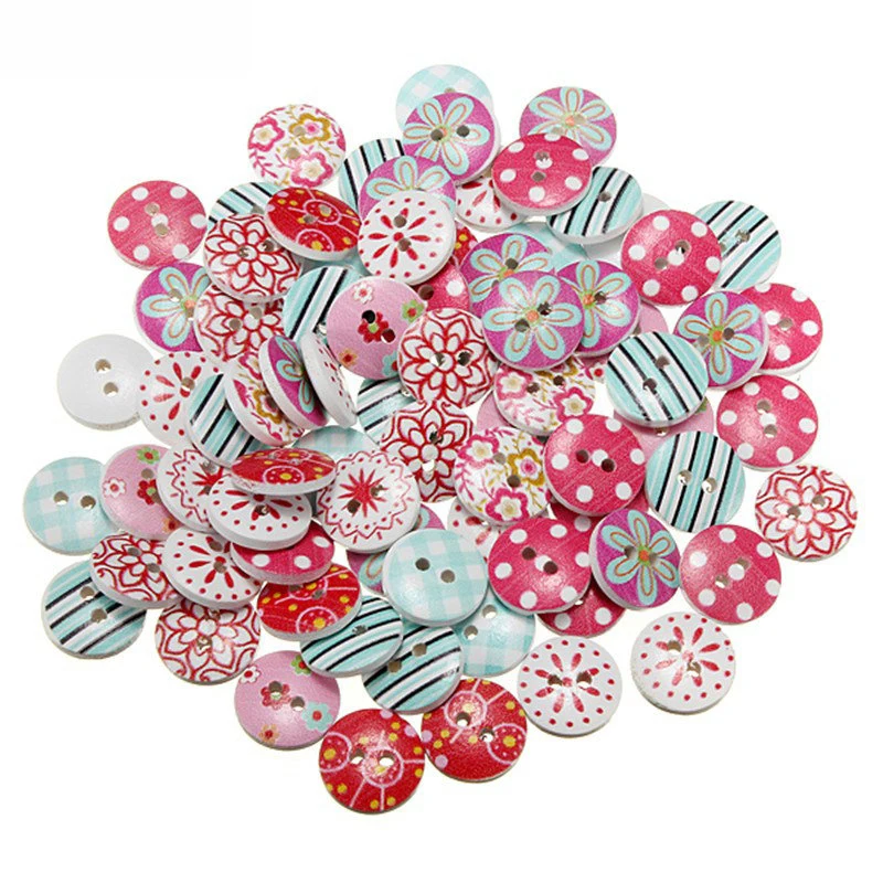

Wholesale 100Pcs 2 Holes Buttons Mixed Printing Round Pattern Wood Buttons Scrapbooking 15mm DIY Sewing Buttons Home Decor Tools