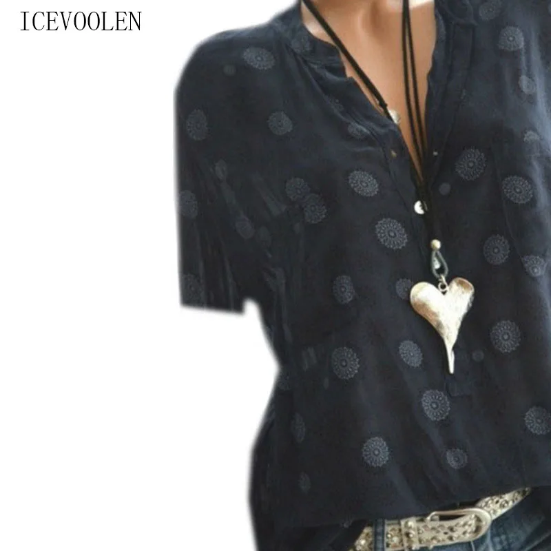 

New print large size shirt ladies shirt fashion shirt casual V-neck short-sleeved shirt women