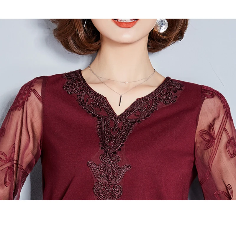 2019 mujeres Blusas Tops y Ropa de manga larga de encaje de malla blusa Blusas Femininas Ropa de Mujer negro rojo caqui 2019 mujeres Blusas Tops y Ropa de manga larga de encaje de malla blusa Blusas Femininas Ropa de Mujer negro rojo caqui